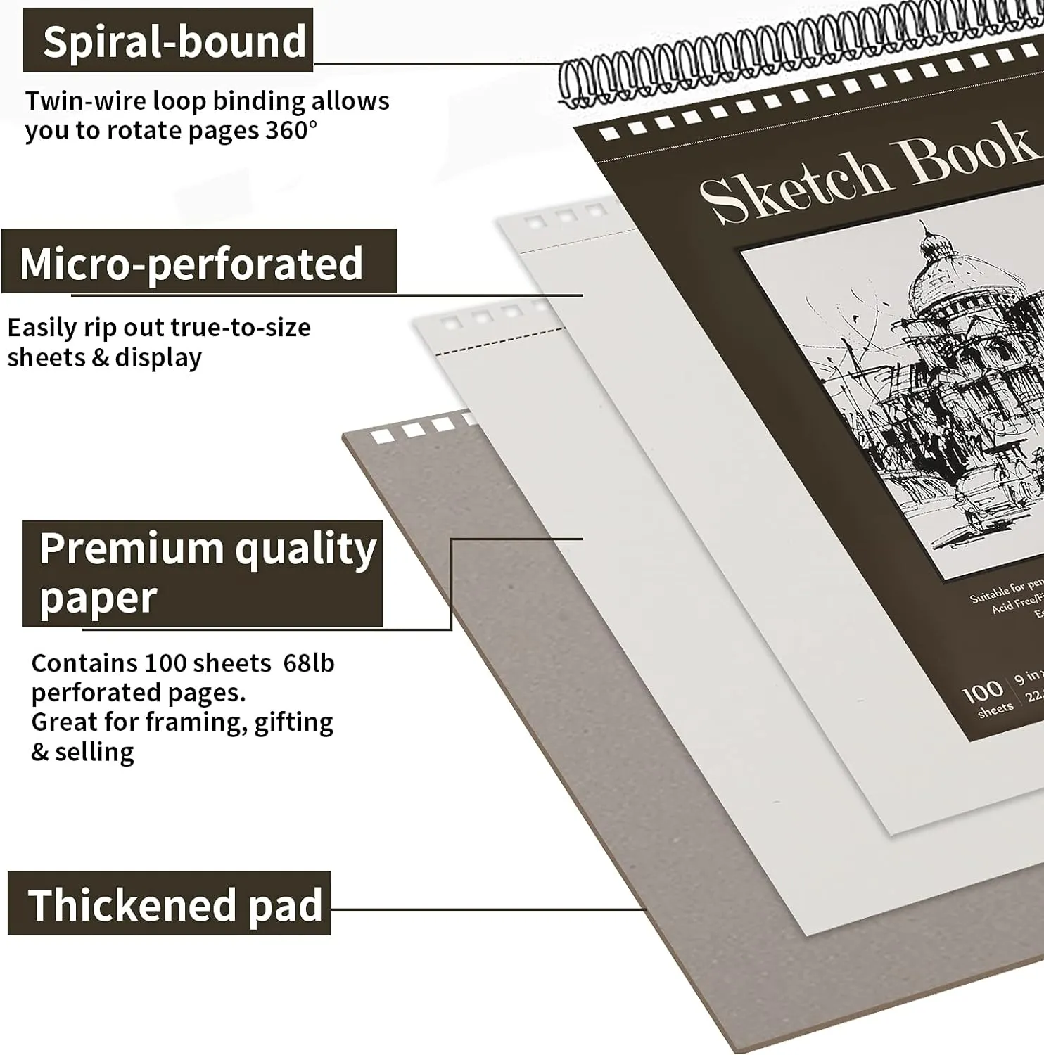 9 x 12 inches Sketch Book, Top Spiral Bound Sketch Pad, 1 Pack 100-Sheets (68lb/100gsm), Acid Free Art Sketchbook Artistic Drawing Painting Writing Paper for Kids Adults Beginners Artists