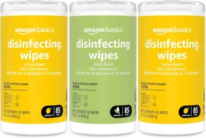 Amazon Basics Disinfecting Wipes, Lemon & Fresh Scent, Sanitizes, Cleans, Disinfects & Deodorizes, 255 Count (3 Packs of 85)