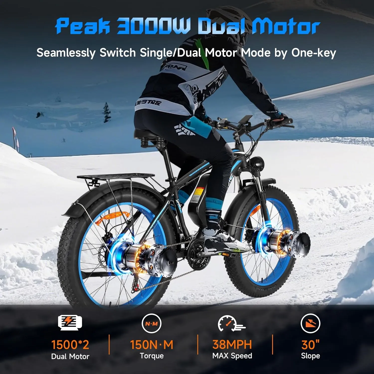 Electric Bike for Adults,Peak 3000W AWD Dual Motor Ebike,38MPH 55Miles 48V 23AH Removable Battery Electric Mountain Bike,26''*4" Fat Tire E-Bike with Front Suspension