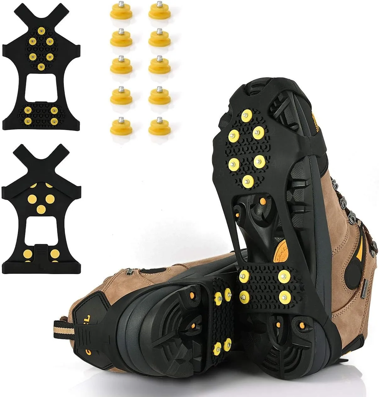 Ice Cleats, Ice Grips Traction Cleats Grippers Non-Slip Over Shoe/Boot Rubber Spikes Crampons with 10 Steel Studs Crampons   10 Extra Replacement Studs