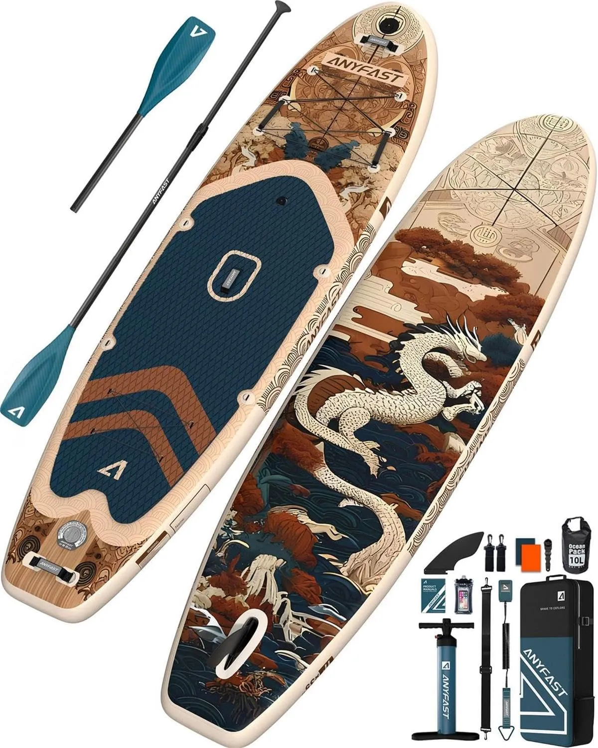 Inflatable Stand Up Paddle Boards - Extra Wide Fishing Paddleboard,Cool Design,Ultra Stable Standup SUP,15 D-Rings,5 Handles, Camera Mount,100L Backpack,10L Dry Bag, Youth/Adults