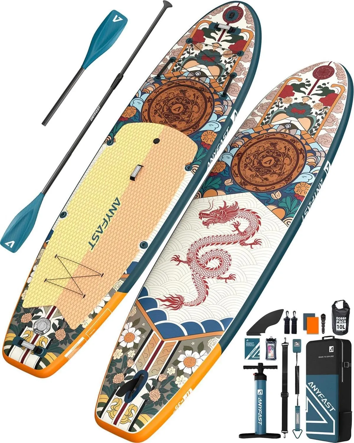 Inflatable Stand Up Paddle Boards - Extra Wide Fishing Paddleboard,Cool Design,Ultra Stable Standup SUP,5 Handles,15 D-Rings, Camera Mount,10L Dry Bag,100L Backpack, Youth/Adults