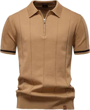 Men's Breathable Solid Color Sport Zipper Polo Shirt Athletic Social T Shirts Office Slim Fit