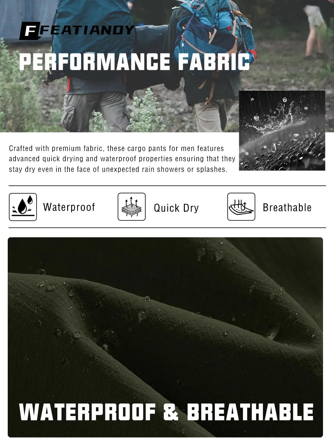 Men's Lightweight Hiking Pants Quick Dry Waterproof Stretch Travel Fishing Camping Work Cargo Pants Zipper Pockets