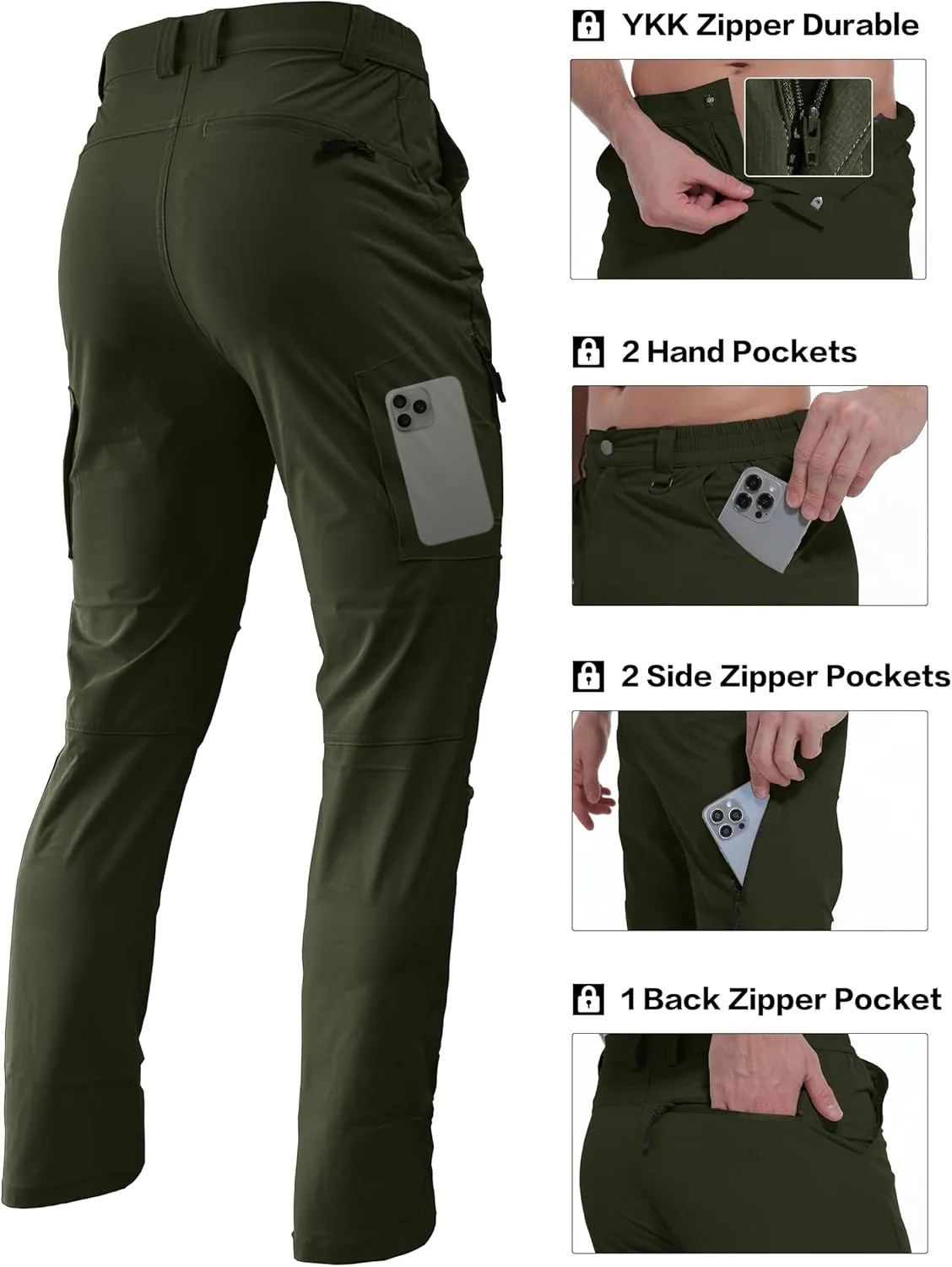 Men's Lightweight Hiking Pants Quick Dry Waterproof Stretch Travel Fishing Camping Work Cargo Pants Zipper Pockets