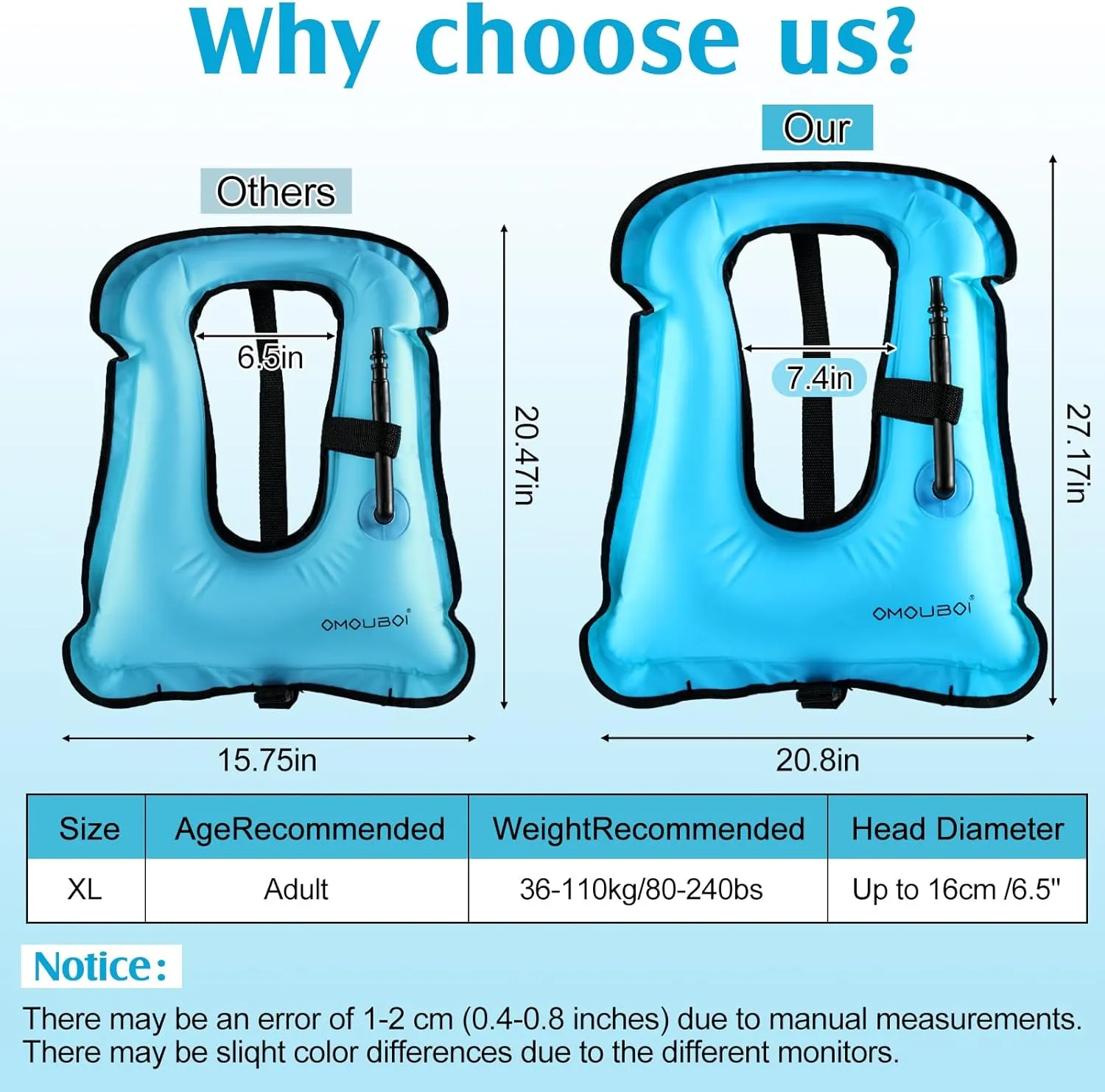 Meooeck 2 Pcs Large Inflatable Snorkel Vest Adults Safety Snorkel Diving Jackets, up to 260 Lbs Loading Portable Swim Jackets, Adjustable Kayaking Buoyancy Gears Safety Vest