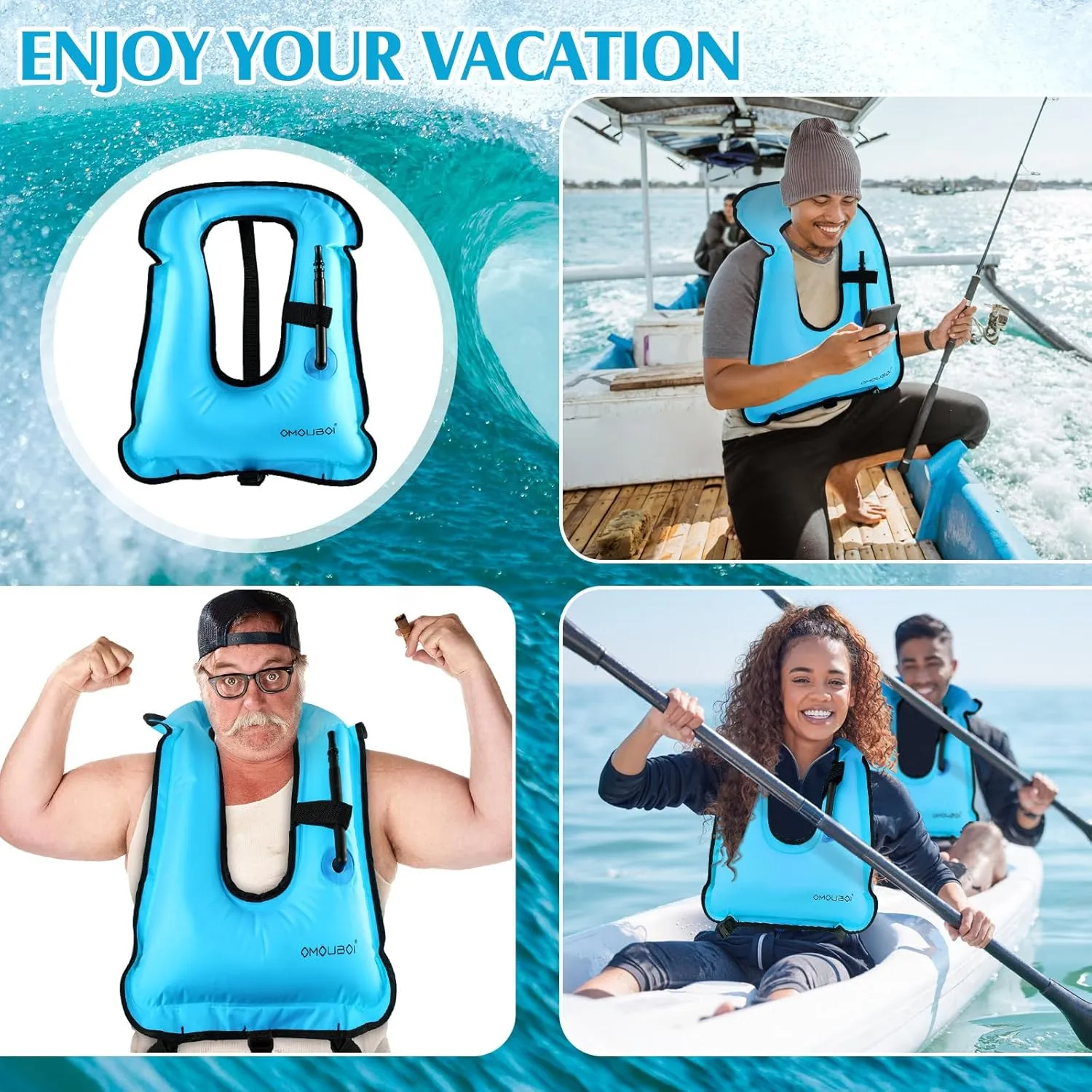 Meooeck 2 Pcs Large Inflatable Snorkel Vest Adults Safety Snorkel Diving Jackets, up to 260 Lbs Loading Portable Swim Jackets, Adjustable Kayaking Buoyancy Gears Safety Vest