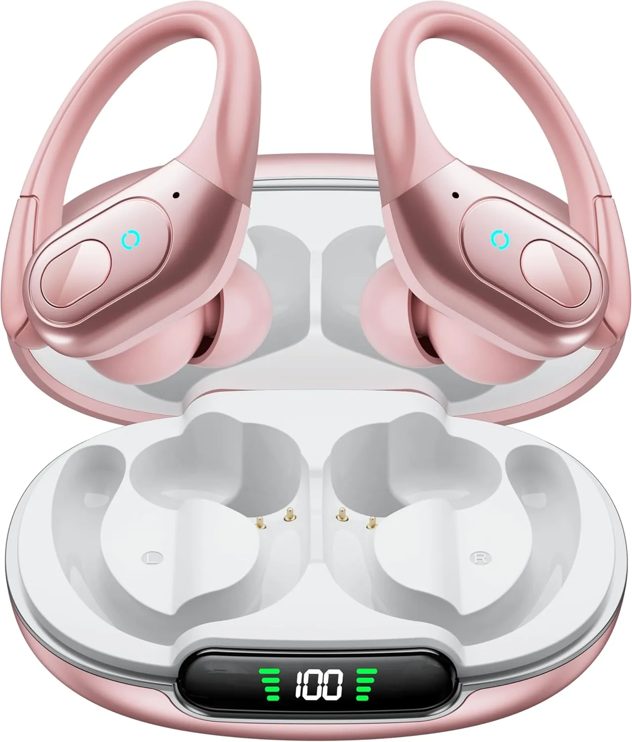 occiam Wireless Earbuds Bluetooth Headphones 90H Playback Sport Ear Buds with Earhook LED Display Charging Case in Ear Sweatproof Running Earphones for Workout iOS Android Cellphone,Rose Gold