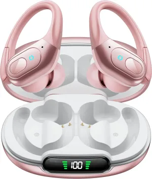 occiam Wireless Earbuds Bluetooth Headphones 90H Playback Sport Ear Buds with Earhook LED Display Charging Case in Ear Sweatproof Running Earphones for Workout iOS Android Cellphone,Rose Gold