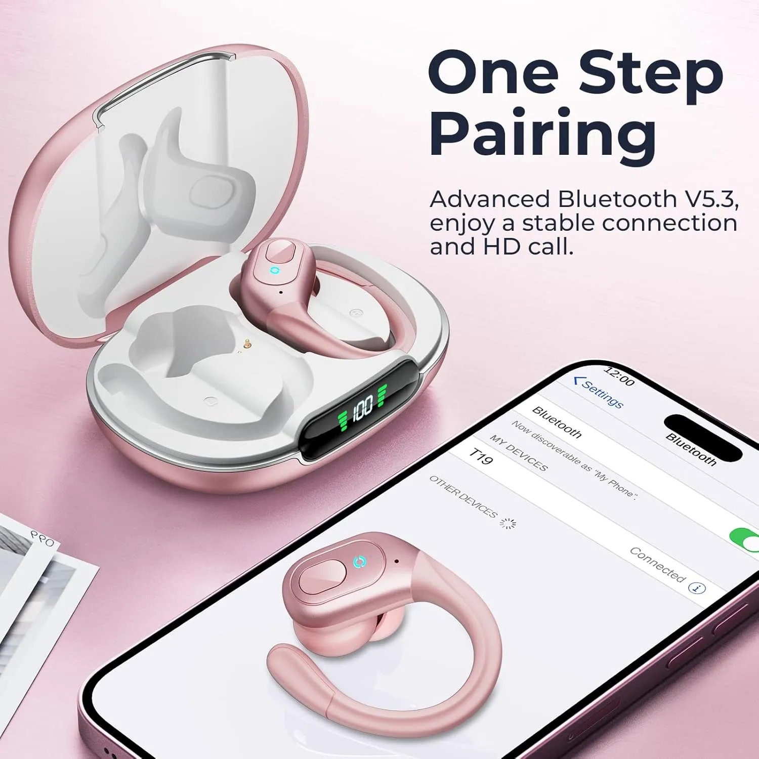 occiam Wireless Earbuds Bluetooth Headphones 90H Playback Sport Ear Buds with Earhook LED Display Charging Case in Ear Sweatproof Running Earphones for Workout iOS Android Cellphone,Rose Gold