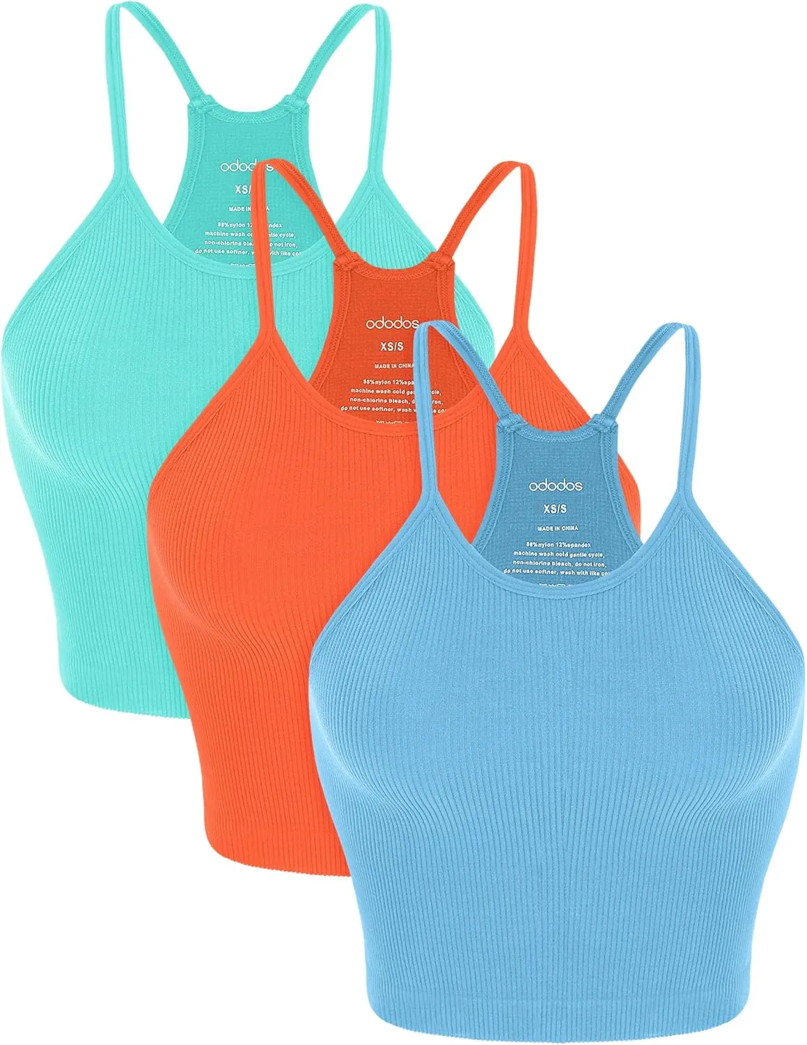 ODODOS Women's Crop 3-Pack Seamless Rib-Knit Camisole Crop Tank Tops