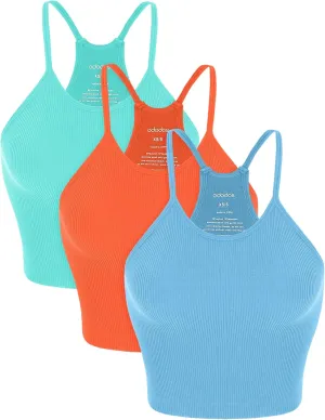 ODODOS Women's Crop 3-Pack Seamless Rib-Knit Camisole Crop Tank Tops