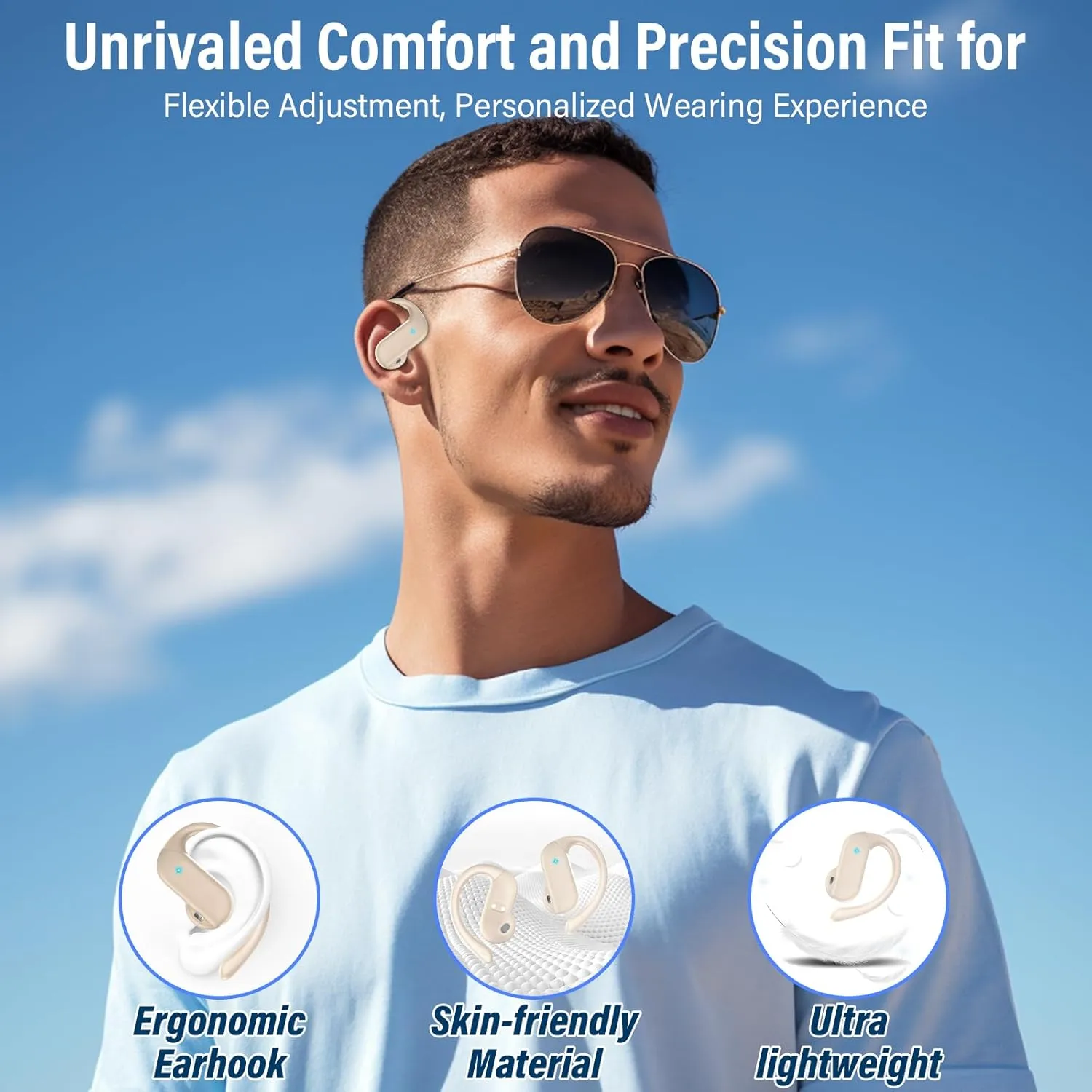 Open Ear Earbuds, Bluetooth 5.4 Wireless Earbuds with Ear Hooks, 32H HiFi Stereo Open Ear Headphones with Clear Calls, IPX7 Waterproof Lightweight Sport Headphones, Off-White