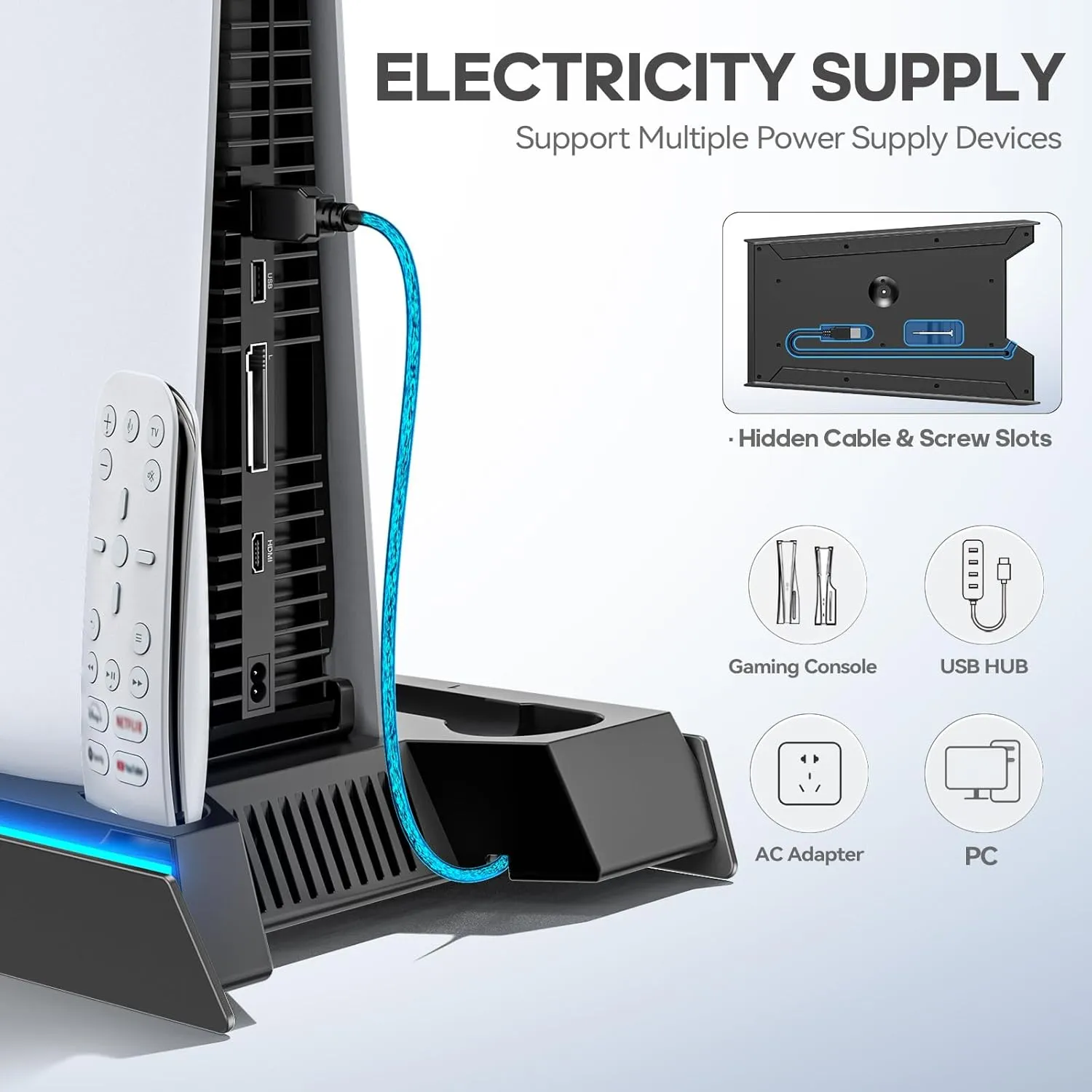 Rysker PS5/Slim/Pro Stand, PS5 Cooling Station Built-in 3-Level Cooling Fan & Fast Charger for Disc & Digital, PS 5 Accessories with Safety Screw and Headset Holder