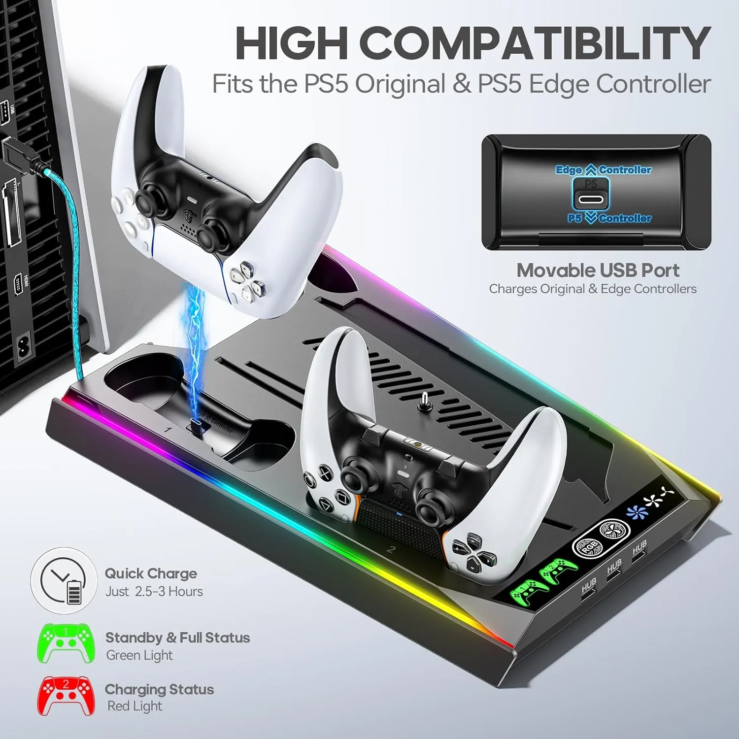 Rysker PS5/Slim/Pro Stand, PS5 Cooling Station Built-in 3-Level Cooling Fan & Fast Charger for Disc & Digital, PS 5 Accessories with Safety Screw and Headset Holder