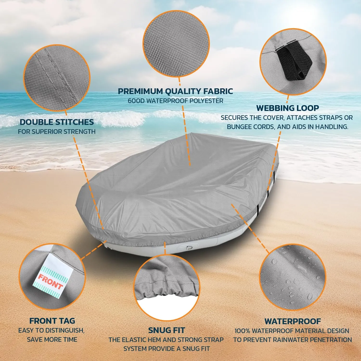 Seal Skin Covers Heavy-Duty Inflatable Boat Cover, Waterproof, UV-Protected, All-Weather Marine-Grade Cover for Inflatable Rafts, Ribs & Dinghies, Fits Up to 11' 5'' L & 68 W, Snug Fit with Straps