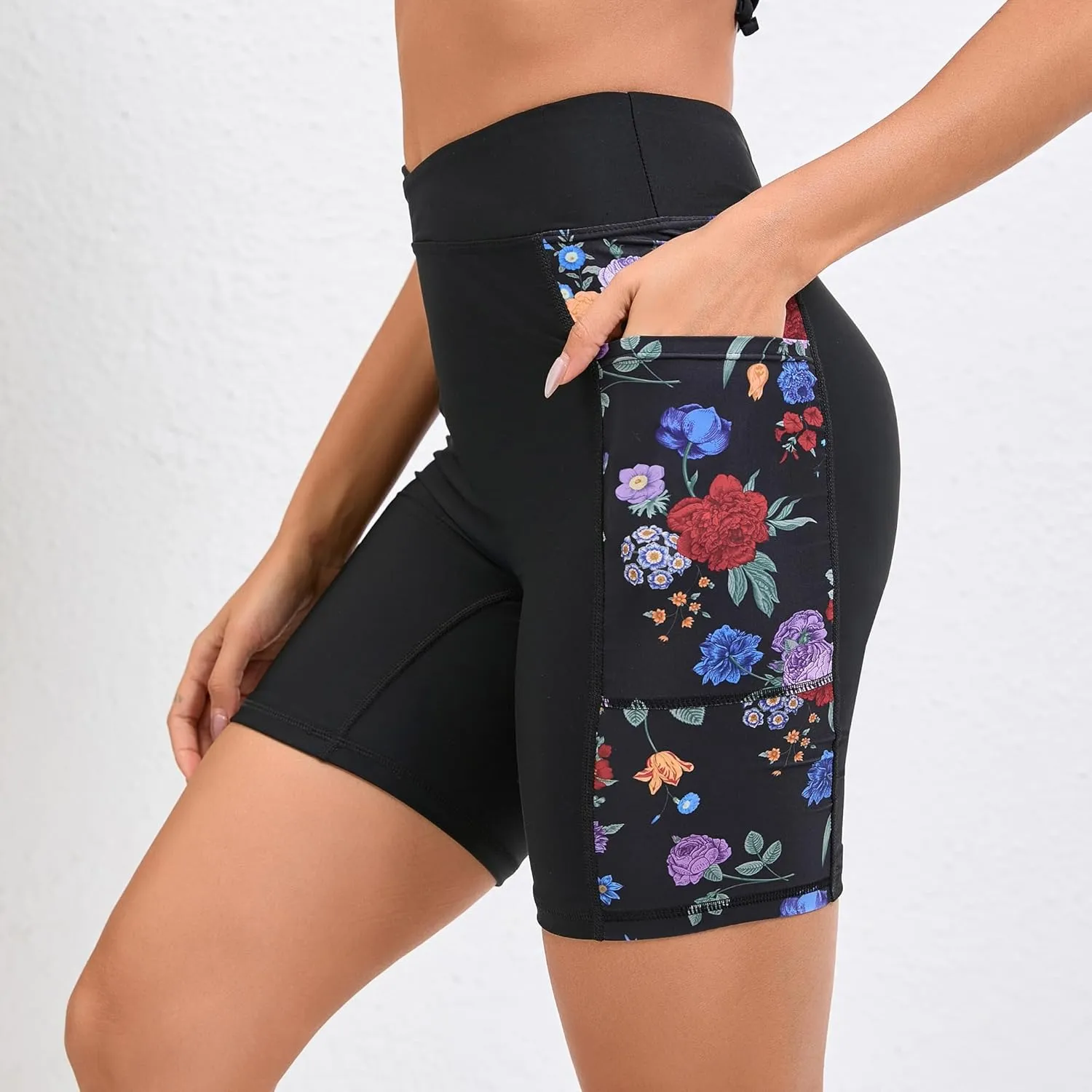 Women's 7" Plus Size Cross High Waisted Board Shorts with Side Pockets Boyshorts Swimsuit Bottoms