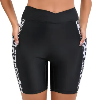 Women's 7" Plus Size Cross High Waisted Board Shorts with Side Pockets Boyshorts Swimsuit Bottoms