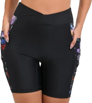 Women's 7" Plus Size Cross High Waisted Board Shorts with Side Pockets Boyshorts Swimsuit Bottoms
