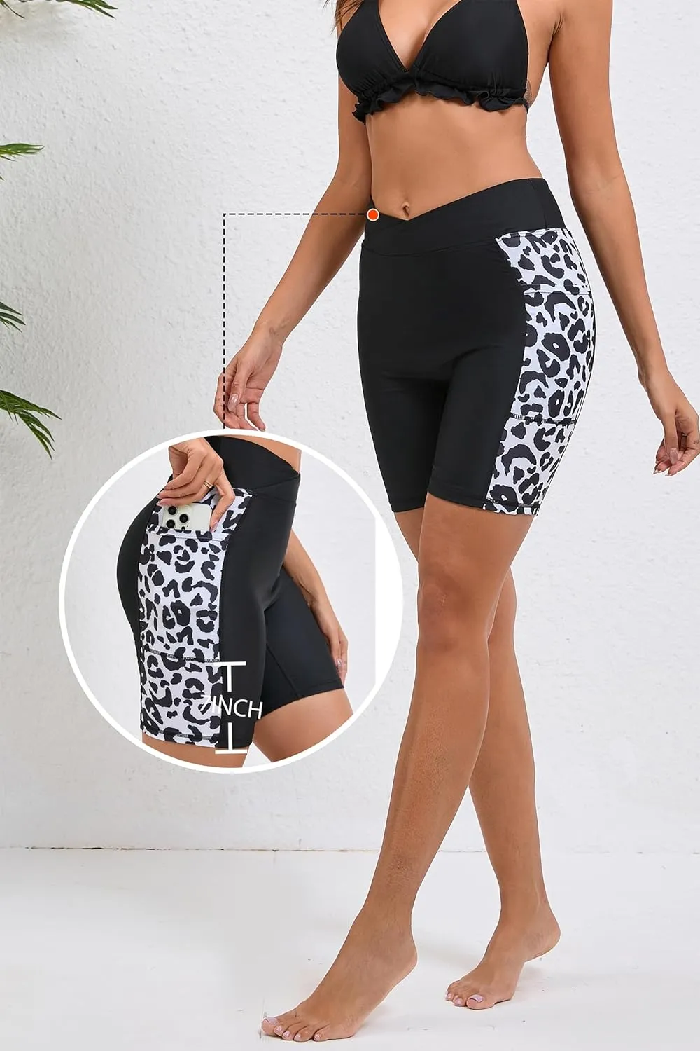 Women's 7" Plus Size Cross High Waisted Board Shorts with Side Pockets Boyshorts Swimsuit Bottoms