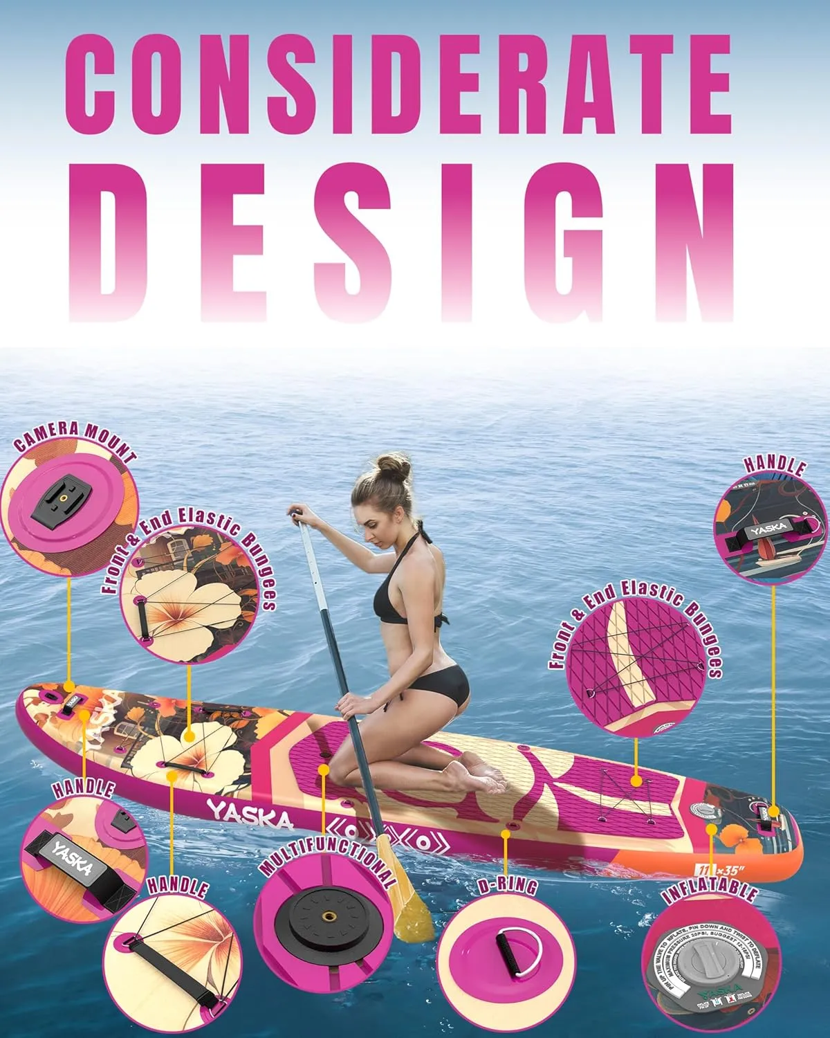 YASKA Inflatable Stand Up Paddle Boards - 11ft 35in Extra Wide Fishing Paddleboard,Ultra Stable Standup SUP Board,15 D-Rings, 5 Handles,Premium Accessories,Camera Mount,Youth/Adults