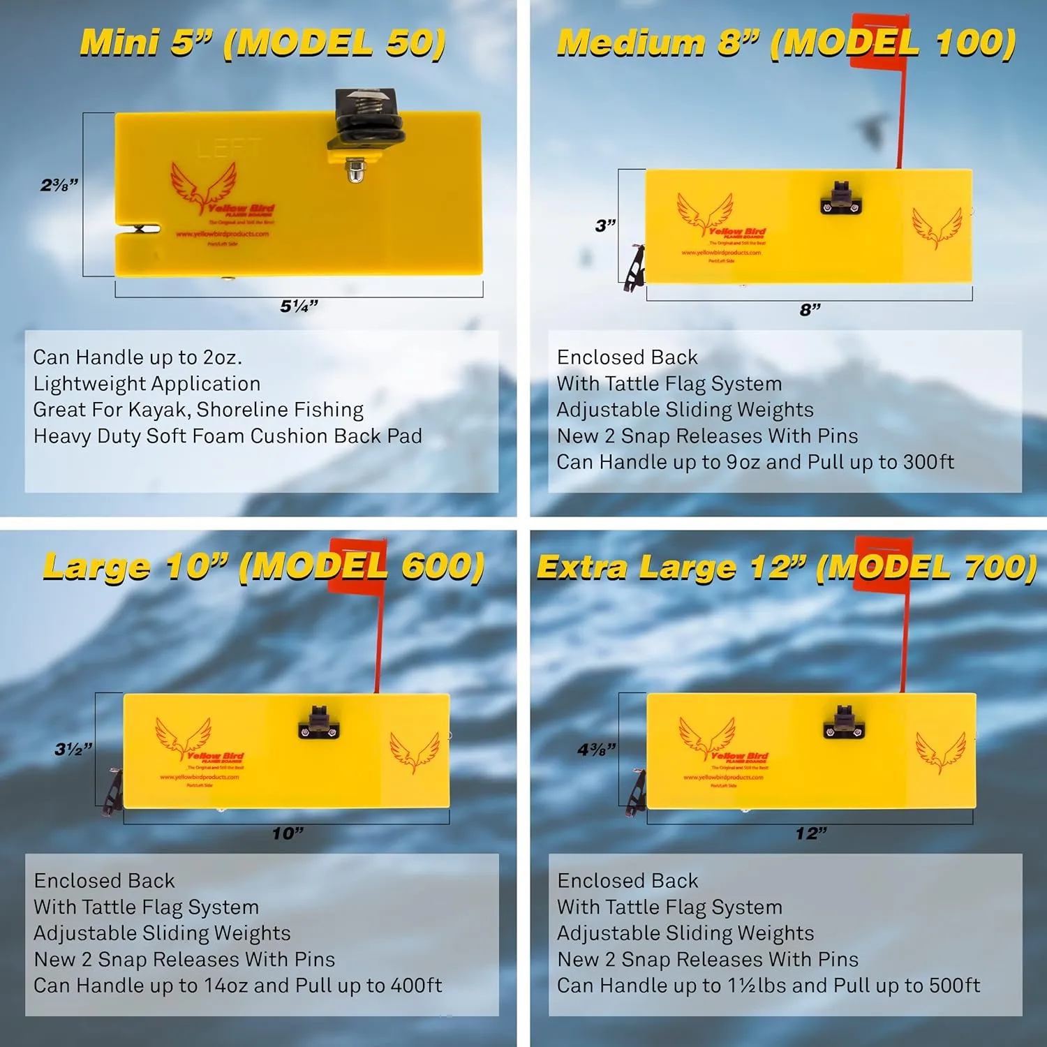 Yellow Bird Fishing Products 2 Pack Planer Boards Kits - Availible in 4 Sizes in Both Starboard/Port Side